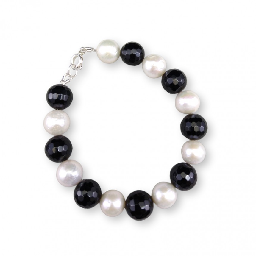 Bracelet with real white pearls and agate 21 cm PB17