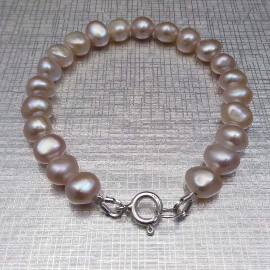 Silver bracelet made of real pearls, pink corn 19 or 20 cm PB38-B