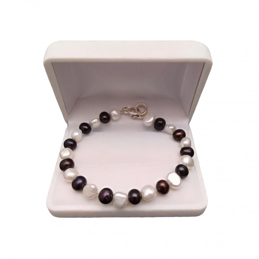 Bracelet made of real black and white round pearls and corn 19 or 20 cm PB52/33-2