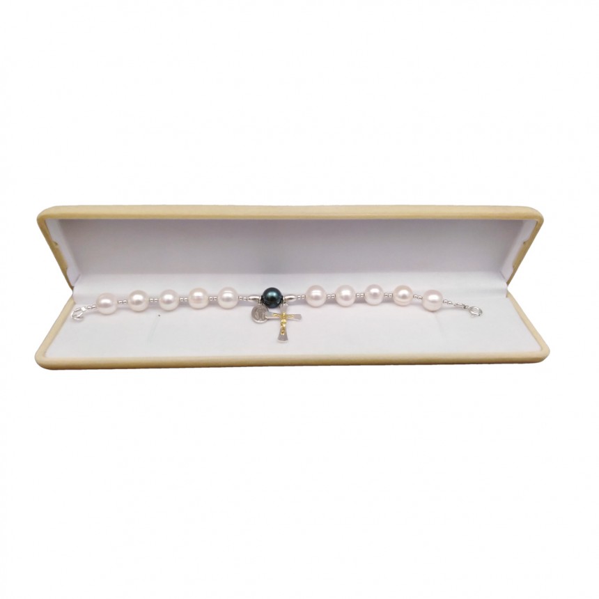 Bracelet decade rosary with white round pearls 19 cm PRB13