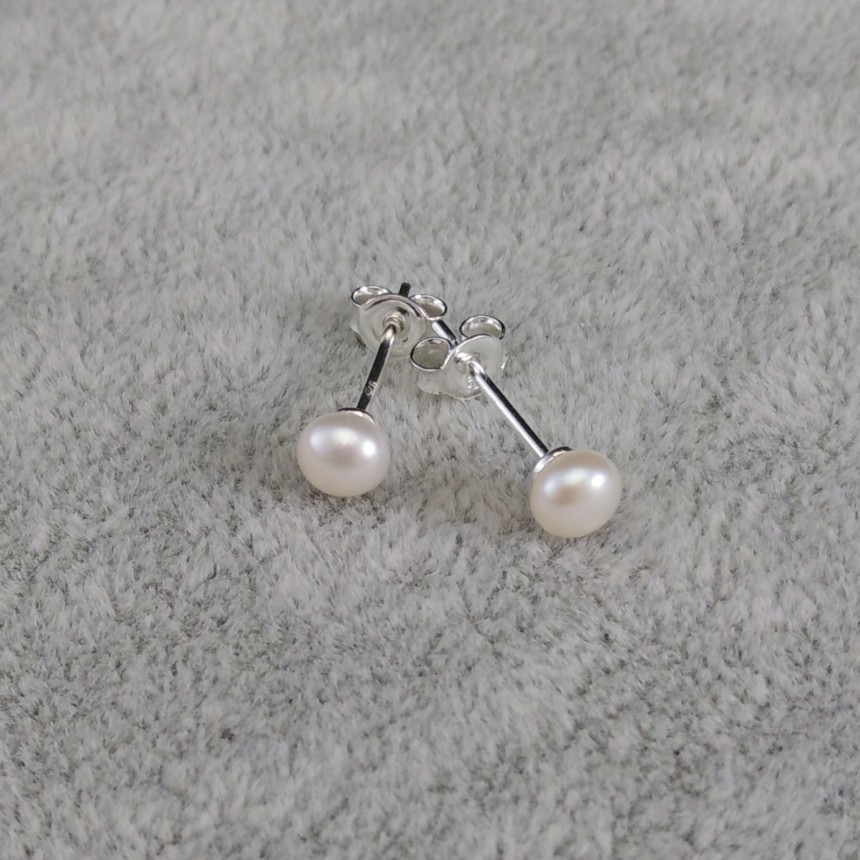 Silver earrings with real white pearls 4.5 - 5 mm on stick PK03 