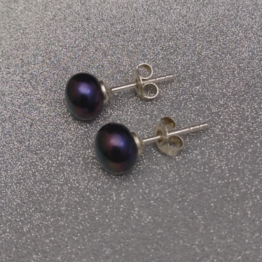 Earrings with real dark purple pearls 7 - 7.5 mm on a silver stick PK15-E 