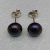 Earrings with real dark purple pearls 7 - 7.5 mm on a silver stick PK15-E 