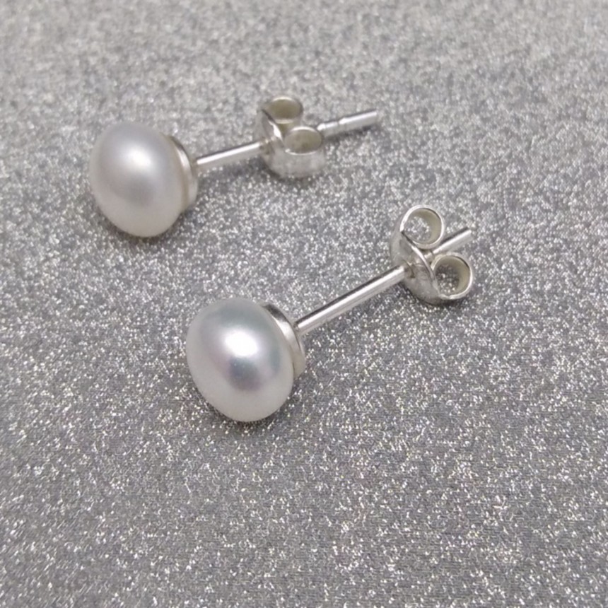 Earrings with real white pearls 6 - 6,5 mm on a silver stick PK07-A