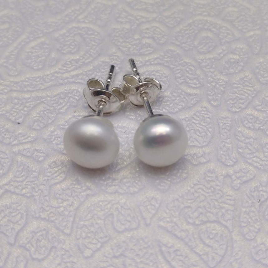 Earrings with real white pearls 6 - 6,5 mm on a silver stick PK07-A