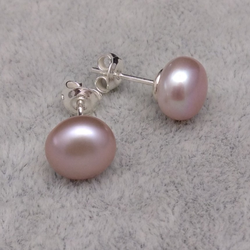 Classic earrings with pink pearls 9 - 9.5 mm on a silver stick PK10-B 