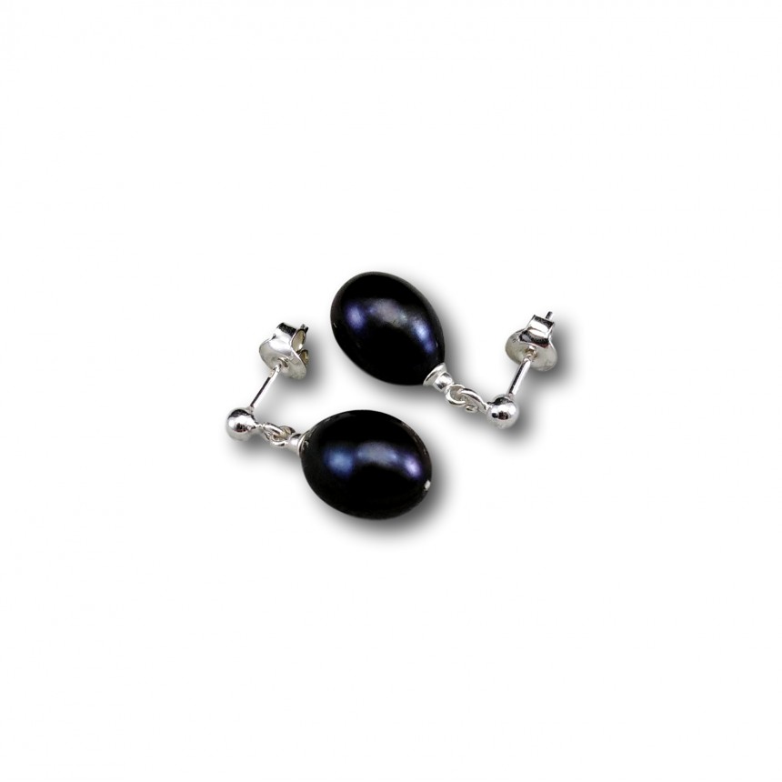 Silver earrings with black pearls hanging teardrop PKW12