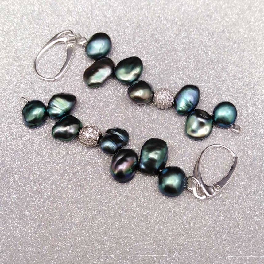 Silver hanging earrings with irregular green pearls and zircons 7 cm PKW40-E