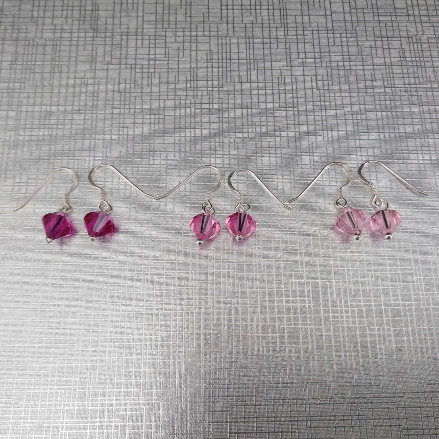 Silver earrings regular pink crystals with a length of 2,5 cm SKK01