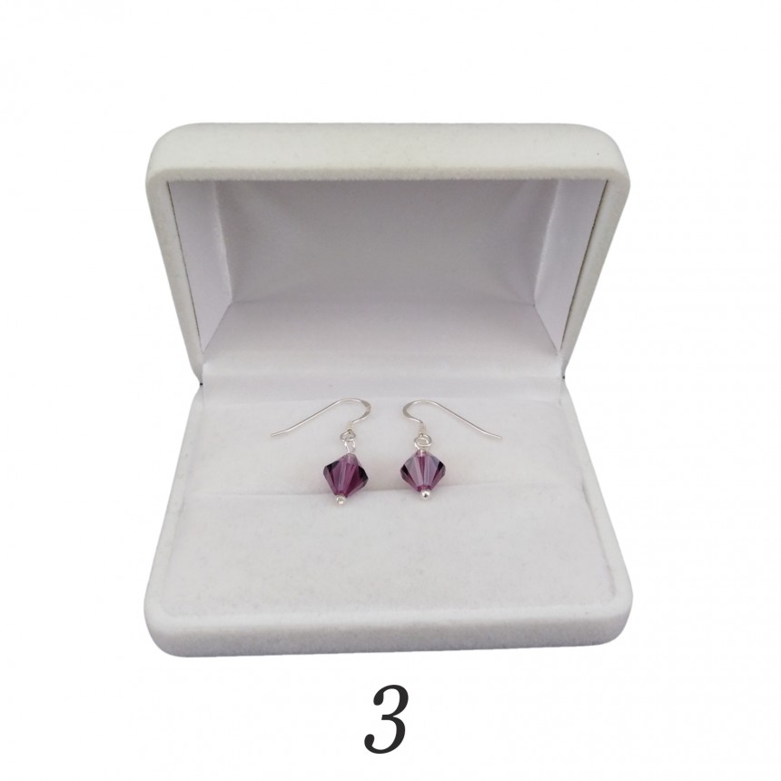 Silver earrings regular purple crystals with a length of 2,5 cm SKK03