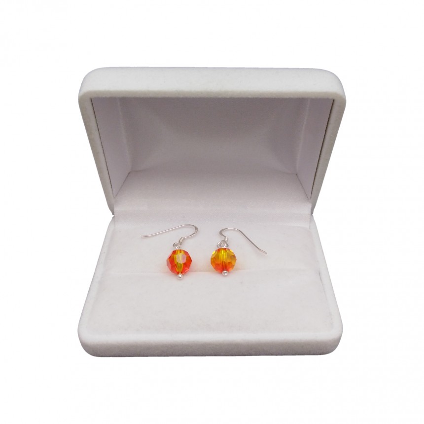 Earrings silver round orange crystals with a length of 2,5 cm SKK09