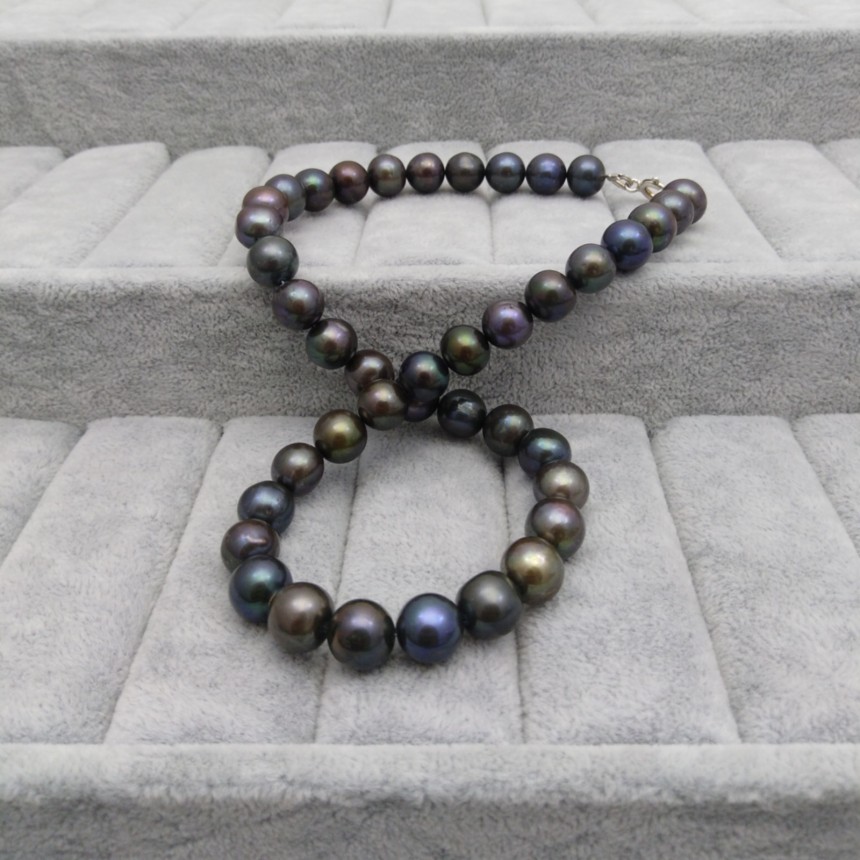 Necklace of real round eggplant pearls 44 cm PN14